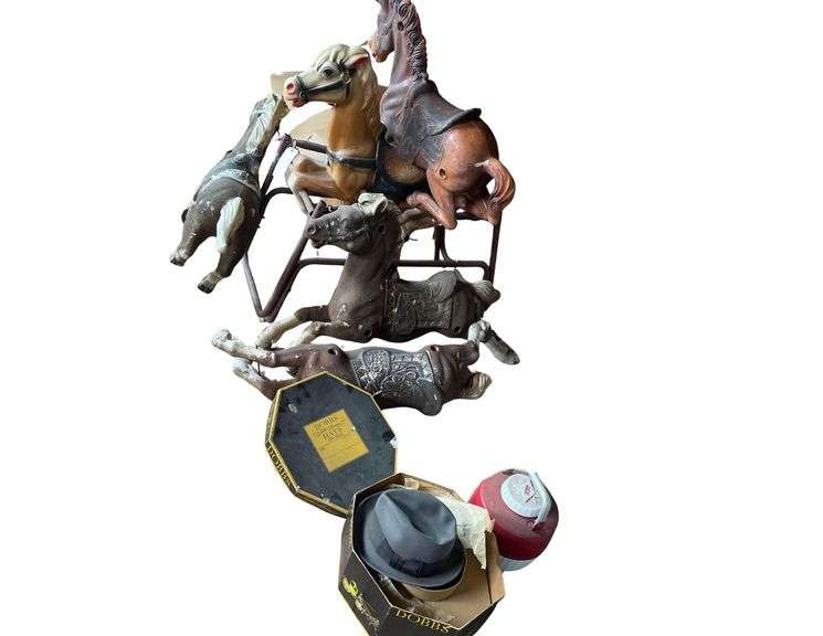 Dobbs Hat Box with Hat Knox Custom, Vintage Coleman Thermos 10 Inches Tall, 4 Plastic Horses with a Horse on Frame image