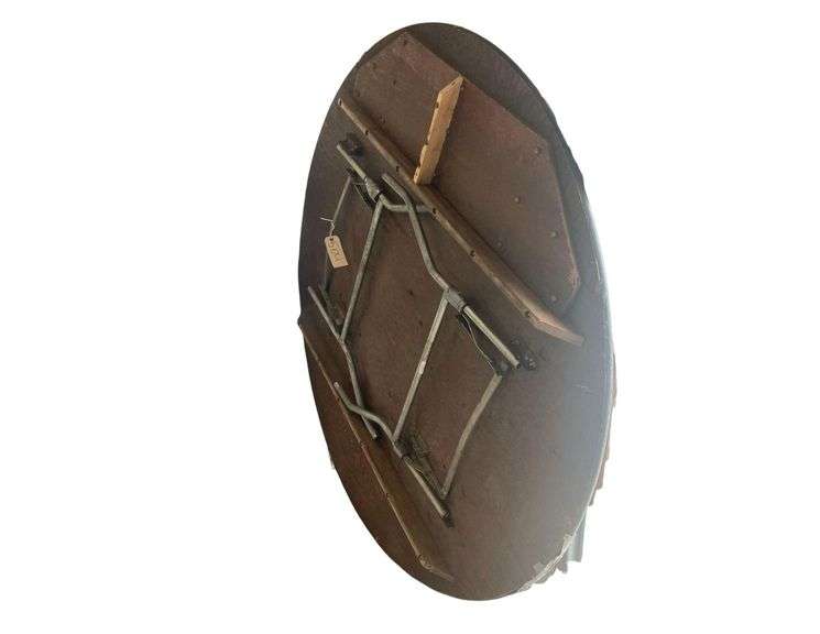 6ft Round Wooden Folding Table, Scratched Surface, Legs Held by Duct Tape