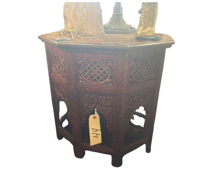 Carved Teak Hexagon Table 22 x 22 x 22