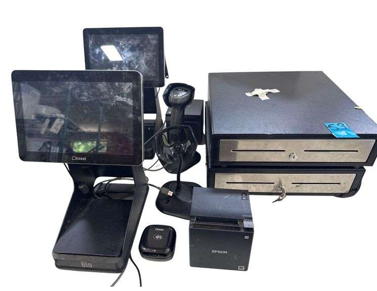 Toast POS System including 2 Toast Elo Terminal Credit Card Reader Touch Monitors, 2 Cash Drawers, 2 Printers, Zebra DS22 Hand Scanner, Cords, Etc