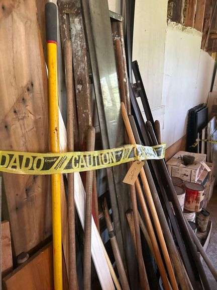 Lot of Assorted Tools and Equipment - Shovels, Rakes, Ladder, Iron Horse Work Station