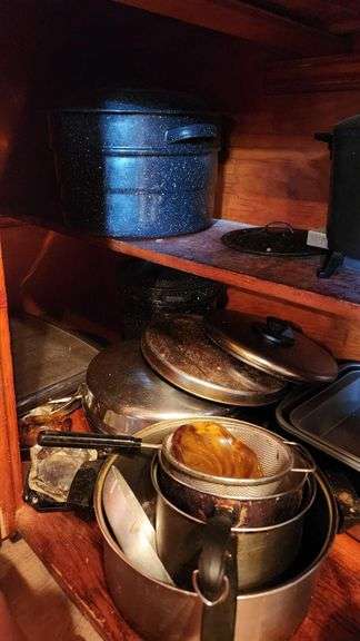 Large Lot of Pots and Pans- Canisters - Deep Fryer - Speckled Roasters - Canning Pots image