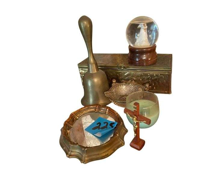 Brass Dinner Bell - Small Turner Mirror - Small Vanity Box , Glass and Metal Ashtray image