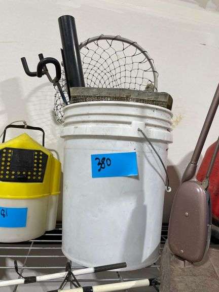5 Gallon Bucket Containing Fishing Net Minno Trap Rod Holdet image