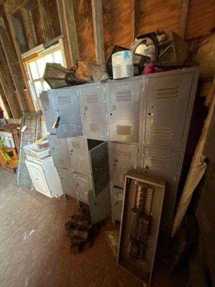Lockers, 60in x 66in x 15in and Contents - Lights, Breaker Box, Bottles
