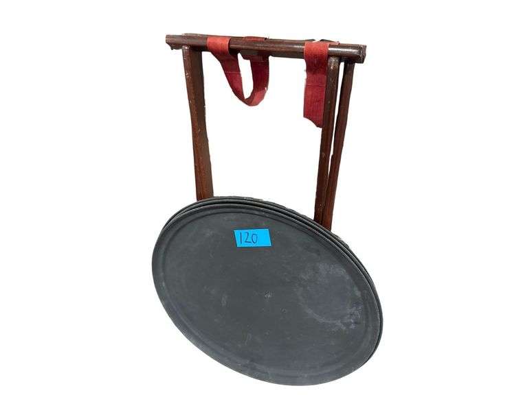 Mahogany Folding Tray Stand and 3 Server Trays