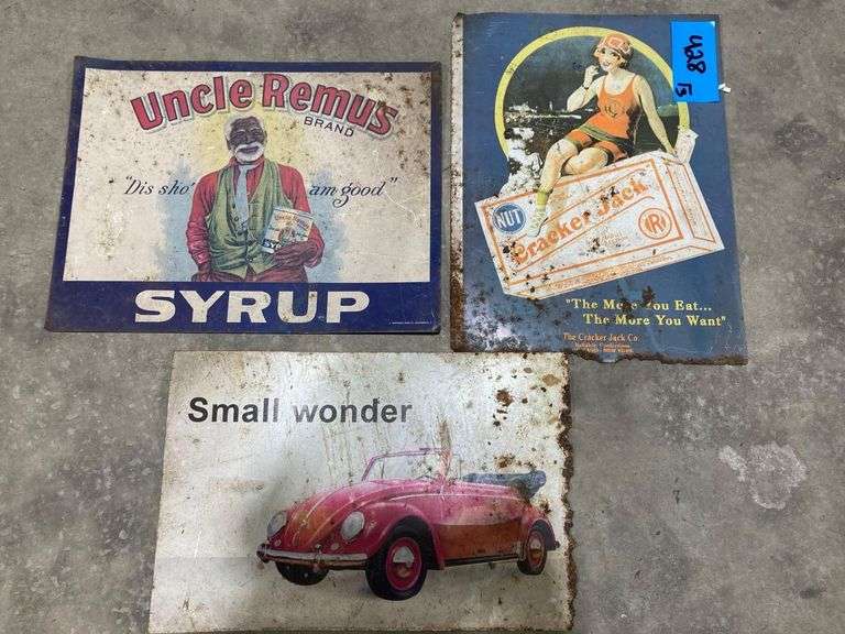 3 Metal Decorative Signs “Uncle Remus”, “Cracker Jack”, and “Small Wonder” image