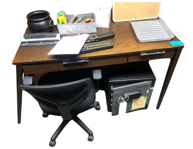 Office Desk and Chair with Contents Including 3 Hole Punch, Hand Held Metal Detectors, Office Supplies