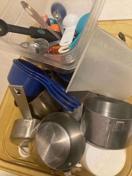 2 Plastic Bins with Measuring Tools and Oven Thermometers