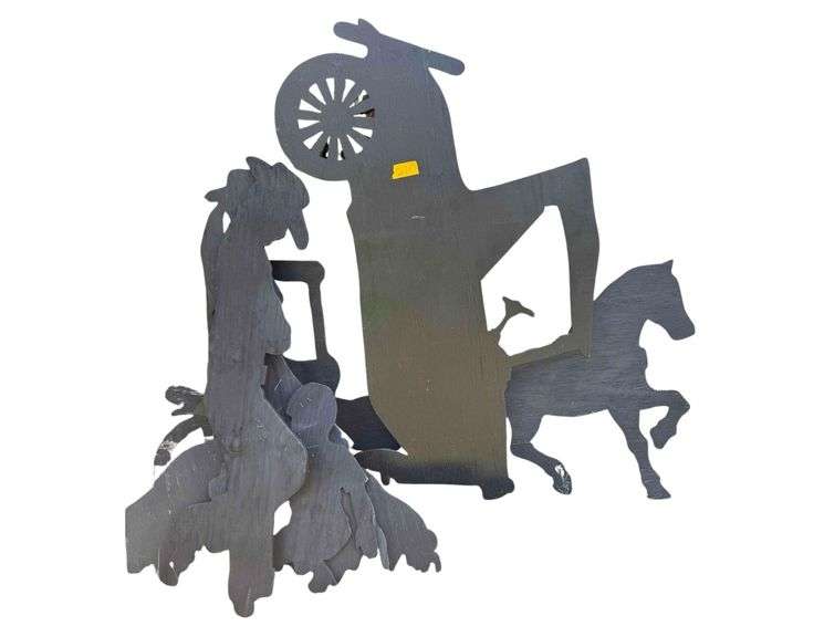 Lot of Wooden Cut Out Yard Decorations - Cowboy, Horse, Model A Car, Tractor image