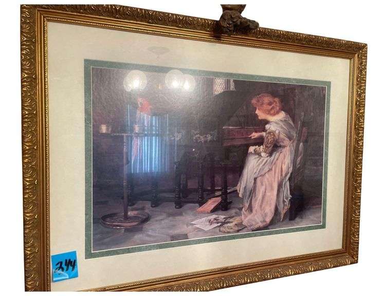 Gold Plated Vintage Framed Girl Playing Piano 27inx37 - The Music Lesson by Frances Muschamp - 37 x 27 image