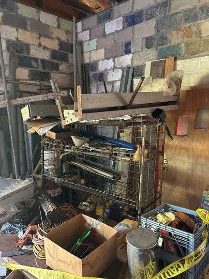 Lot of Assorted Items - Wooden Table, Metal Racks, Buckets