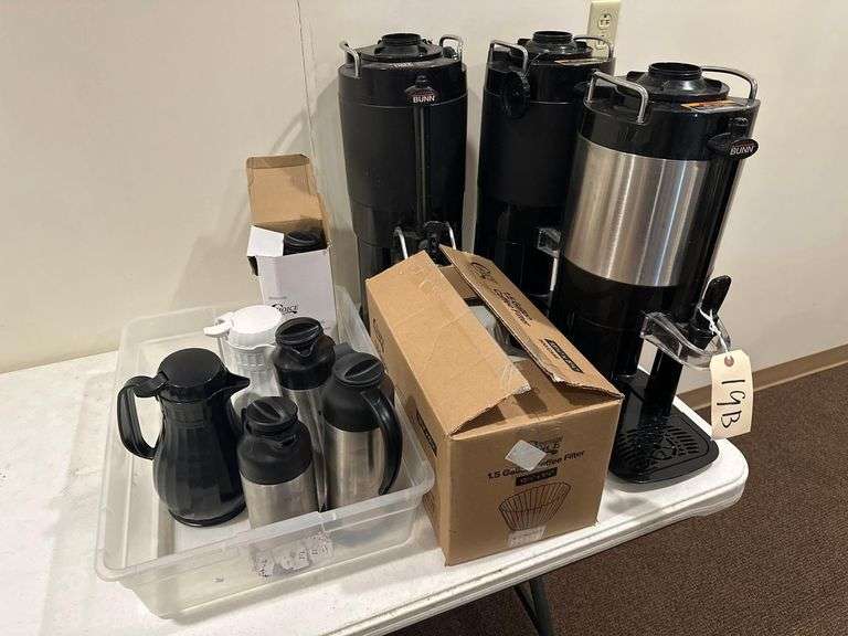 Three 1.5Gal. Bunn ThermoFresh Coffee Servers - Includes Filters and Creamers