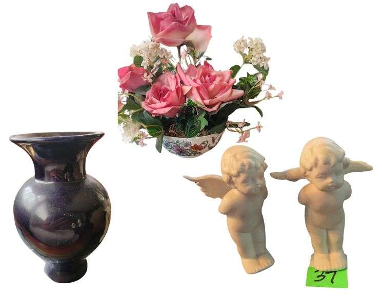 9in H Navy Vase made in Spain, 27in H - 2 7 in Cherubs - Faux Flowers