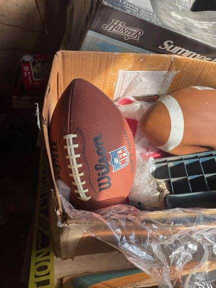 An Abundance of Vintage Items 24 x36 Ceiling Tiles, 2 Footballs, Silk Poinsettia Lights, 3 Ceiling Lights New in Boxes, Golf Bag, Large Cord Wood Ring 43 Inches
