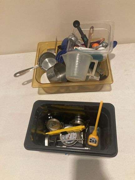 2 Plastic Bins with Measuring Tools and Oven Thermometers