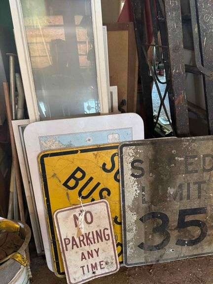 Road Signs, Antique Stereo Cabinet and other Parts and Misc.