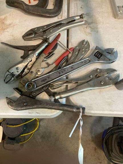 Various Sized Vice Grips, 12in Adjustable Wrench