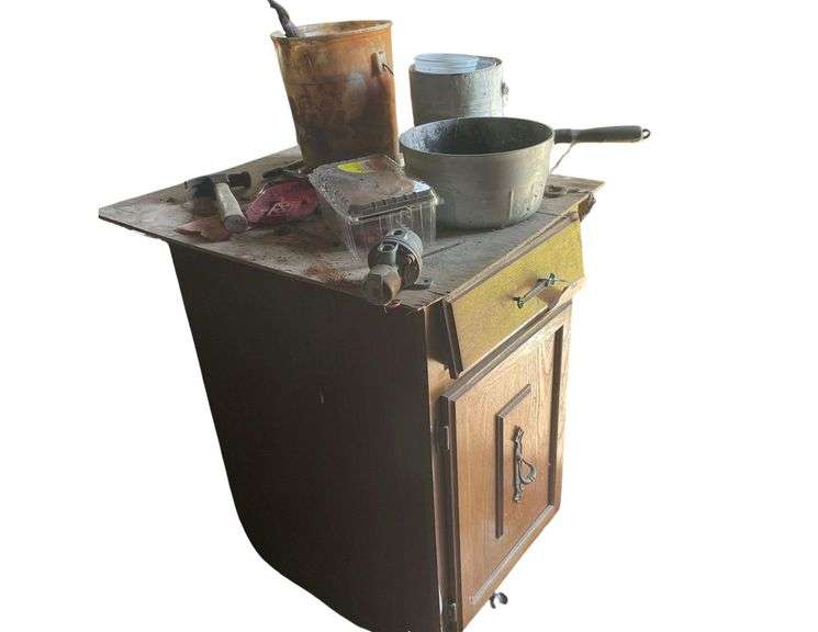 Saws Woodclamp 2 Antique Auto Rims 4.5x18 Inches Older Wooden Cabinet 35 Gallon Drum image