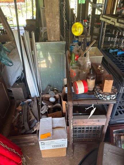 Large Lot - Tools, Hardware, Antique Bottles, Joist Hangers, Metal Shop Rack image