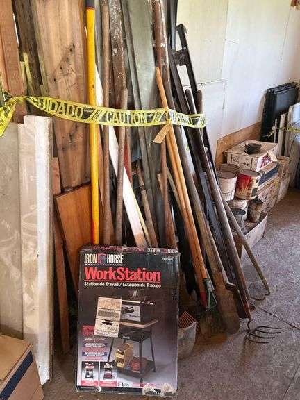 Lot of Assorted Tools and Equipment - Shovels, Rakes, Ladder, Iron Horse Work Station image