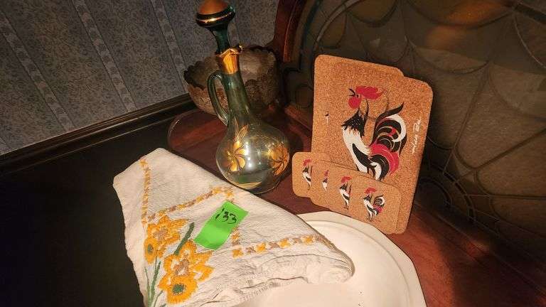 Rooster Trivet with Coasters Embroidered Table Cloth Wine Decanter Metal Bowl image
