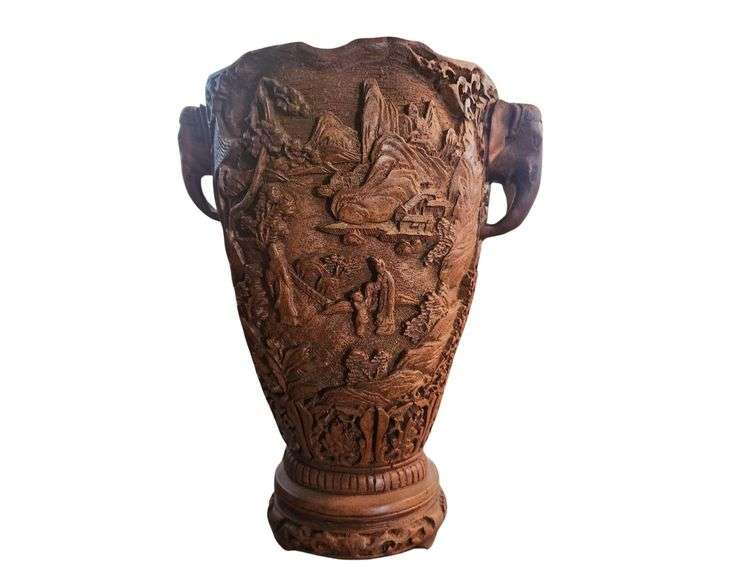 Antique Indian Resin Vase with Elephant Handles, Handmade Flower Pot, Engraved Ornate, Rare Middle Eastern Decor image