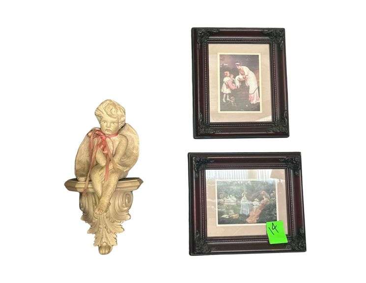 4 Matted and Framed Prints - 12 x 13 Cherub on Wall Shelf