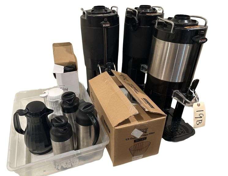 Three 1.5Gal. Bunn ThermoFresh Coffee Servers - Includes Filters and Creamers