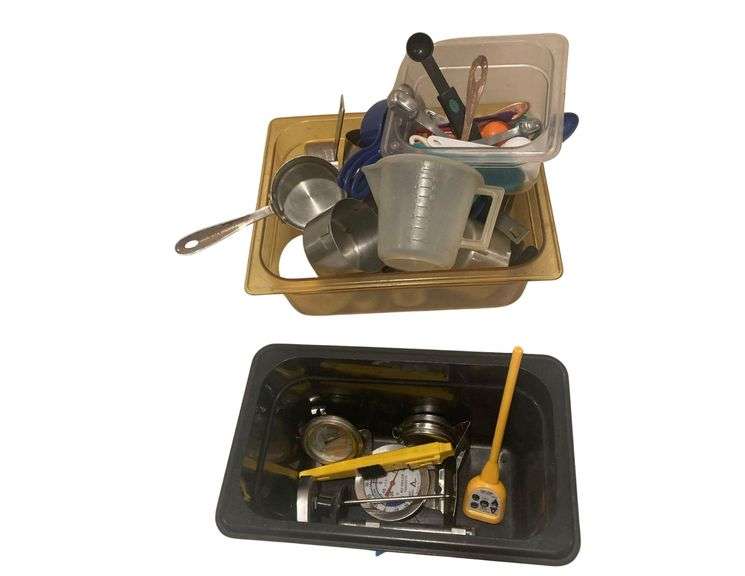 2 Plastic Bins with Measuring Tools and Oven Thermometers