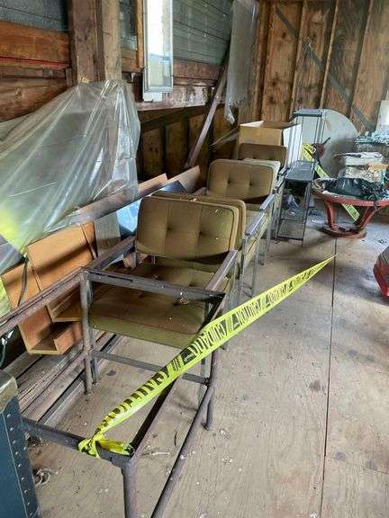 5 Clith and Chrome Kitchen Chairs,36x24 Inch Glass and Wood Table,2 Metal Kitchen Racks 22x9x67 Inches image