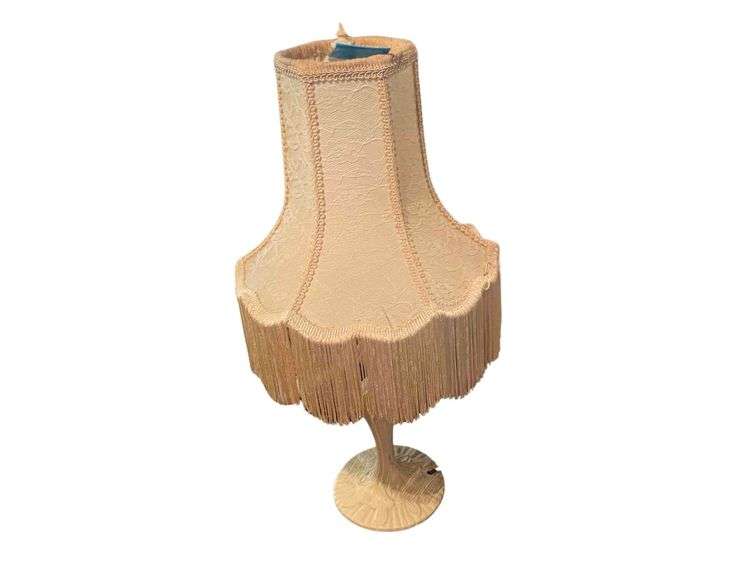 Vintage Victorian Styke Cream Vilored Metal Lamp with Lace And Fringe Shade- 25 in H image