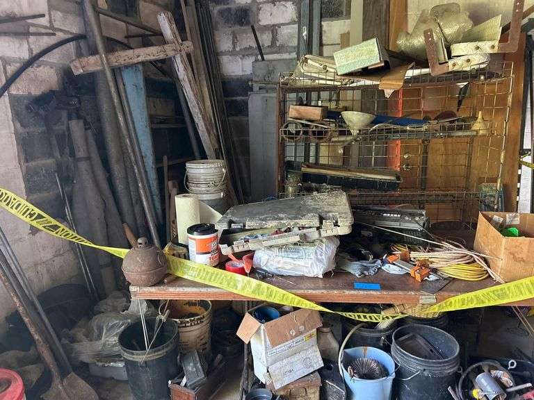Lot of Assorted Items - Wooden Table, Metal Racks, Buckets