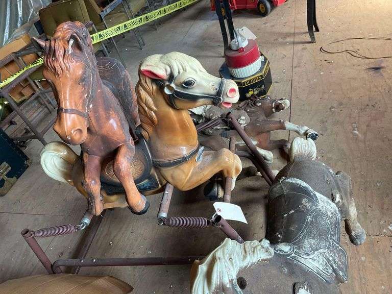 Dobbs Hat Box with Hat Knox Custom, Vintage Coleman Thermos 10 Inches Tall, 4 Plastic Horses with a Horse on Frame