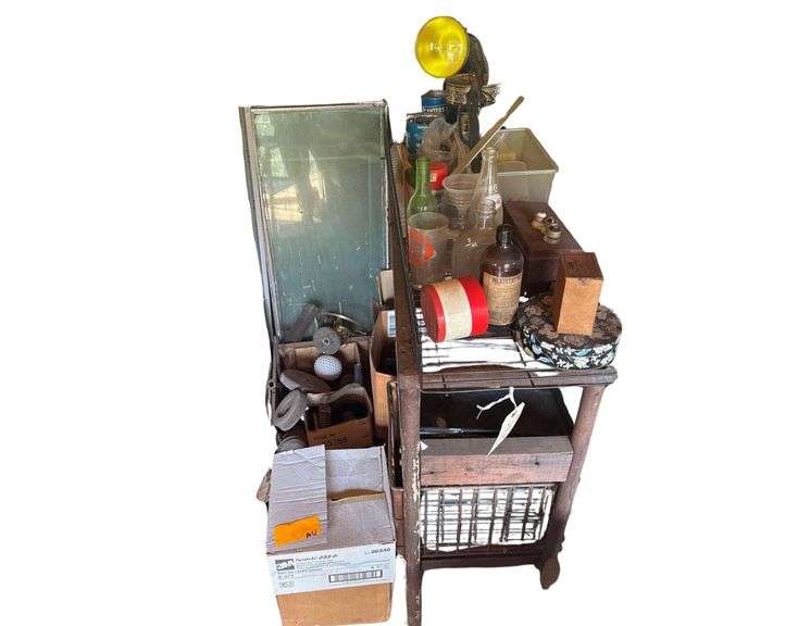 Large Lot - Tools, Hardware, Antique Bottles, Joist Hangers, Metal Shop Rack image