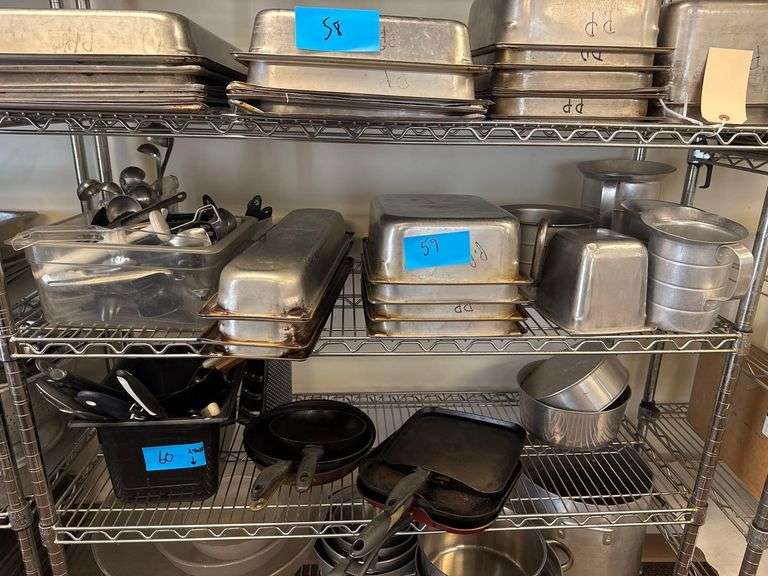 Assorted Stainless Pans, Utensils, Aluminum Measuring Cups