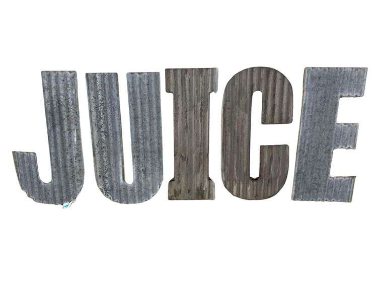 (2) JUICE Galvanized Letter Signs and Box of Glassware including 2 Lenox Vases