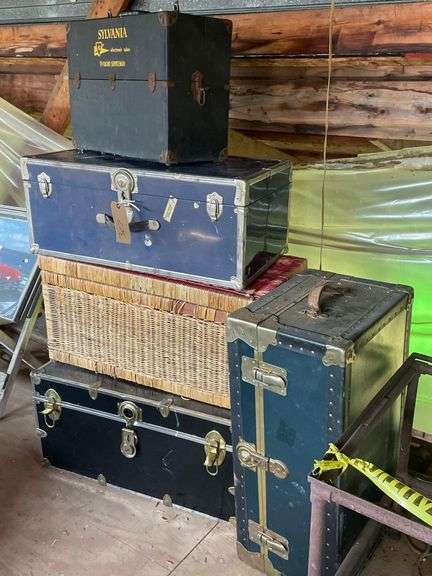 3 Older Trunks 31x17x13 Inches, A Wicker Box 32x16x15 Inches and a Sylvania TV-Radio Serviceman's Electronic Tube Case 21x10x16 Inches