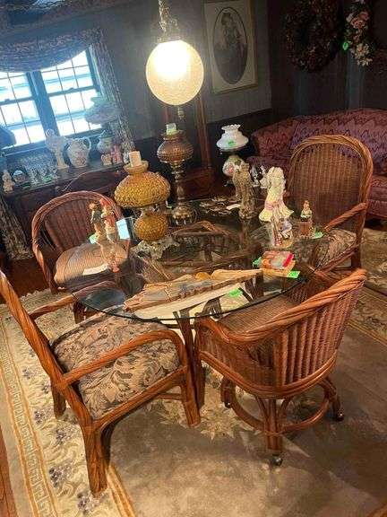 53 in across Glass Table and 4 Chairs - 2 Captain - 2 Side - South Sea Rattan Twist Dining Chairs and Table image