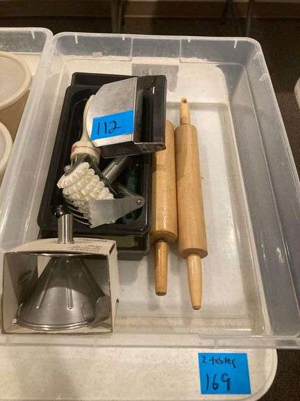 Plastic Storage Bin with Rolling Pins, Pizza Making Tools, and Funnel