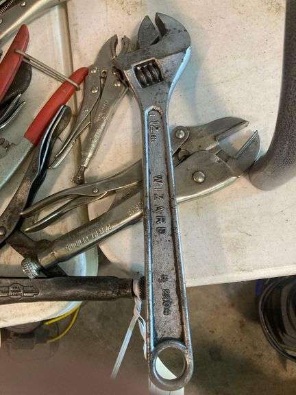 Various Sized Vice Grips, 12in Adjustable Wrench