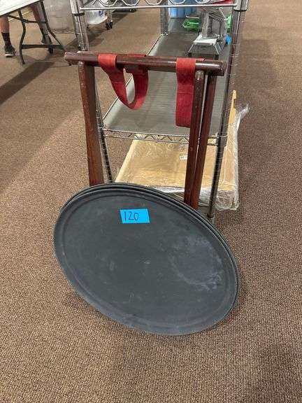 Mahogany Folding Tray Stand and 3 Server Trays