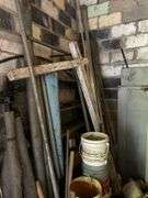 Lot of Assorted Items - Wooden Table, Metal Racks, Buckets