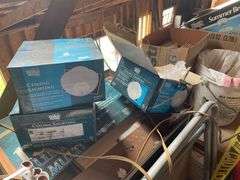An Abundance of Vintage Items 24 x36 Ceiling Tiles, 2 Footballs, Silk Poinsettia Lights, 3 Ceiling Lights New in Boxes, Golf Bag, Large Cord Wood Ring 43 Inches