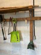 Wooden Rack Approx 90in Long With Contents, Includes Shovel, Saw, and Wood