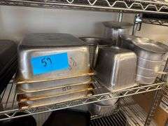 Assorted Stainless Pans, Utensils, Aluminum Measuring Cups