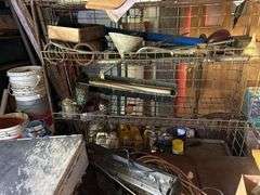 Lot of Assorted Items - Wooden Table, Metal Racks, Buckets