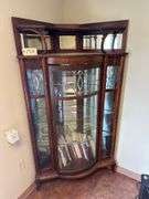 Antique Oak, Curved Leaded Glass Corner Cabinet - Approx. 40in x 74in