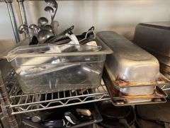 Assorted Stainless Pans, Utensils, Aluminum Measuring Cups