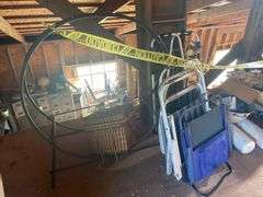 An Abundance of Vintage Items 24 x36 Ceiling Tiles, 2 Footballs, Silk Poinsettia Lights, 3 Ceiling Lights New in Boxes, Golf Bag, Large Cord Wood Ring 43 Inches
